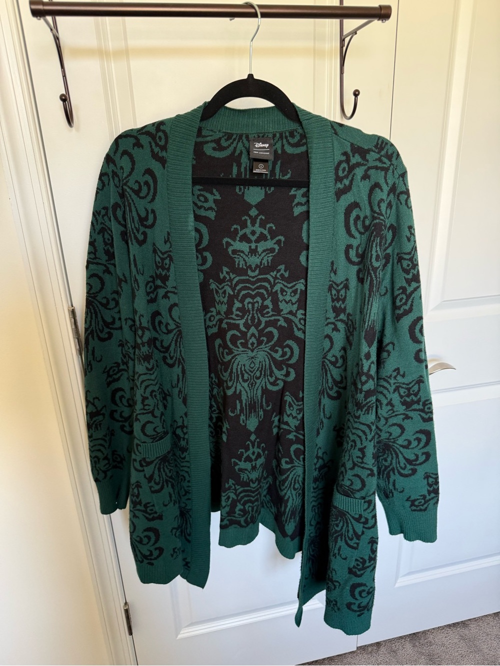Haunted Mansion Wallpaper Open-Front Emerald Cardigan Sweater